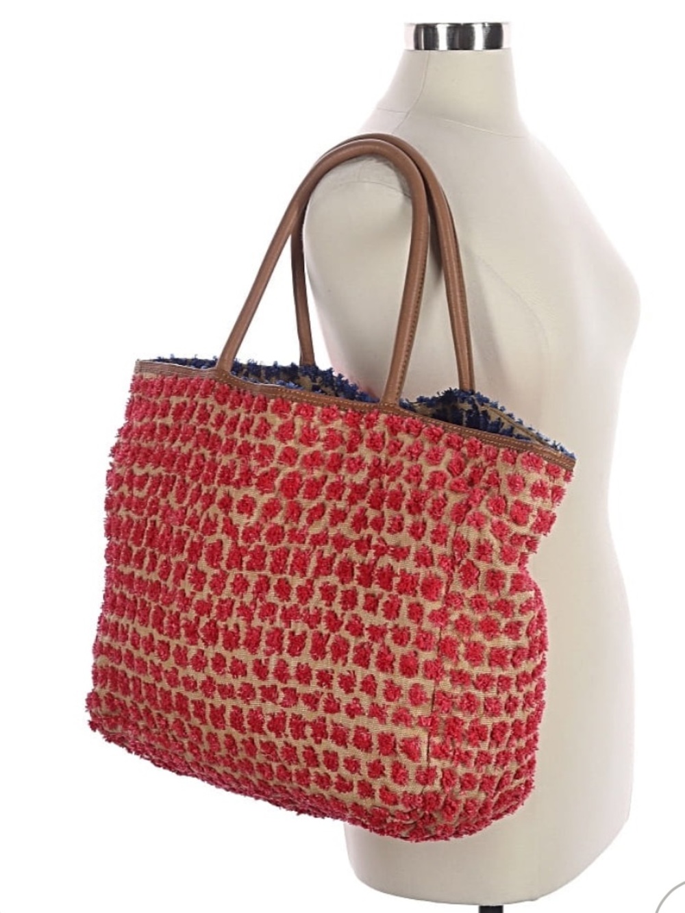 Anthropologie Miss Albright Hot pink Woven Tote with Brown Handles and Navy trim